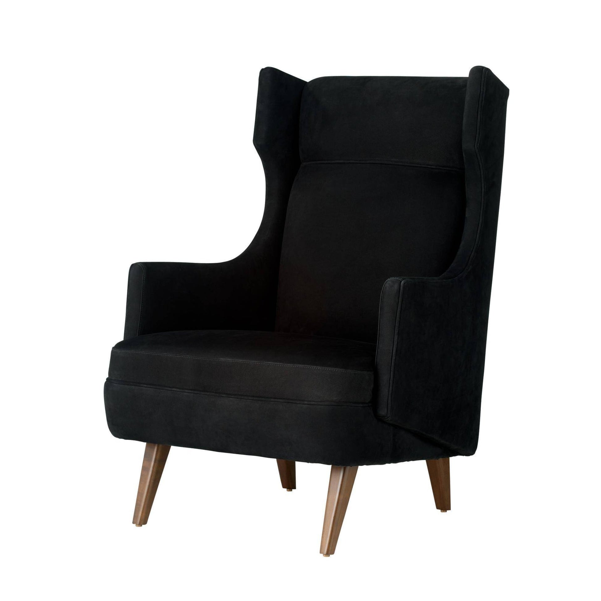Black wingback chair with wooden legs on a white background