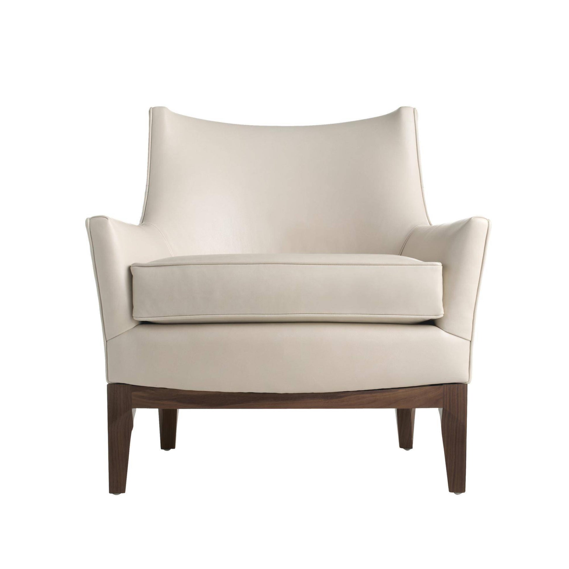 Beige armchair with wooden legs on a white background