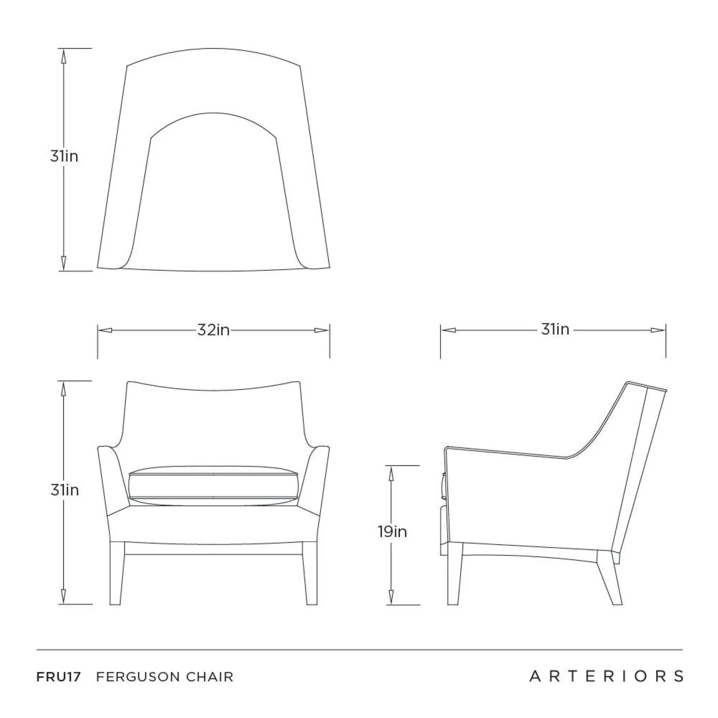 Technical drawing of a Ferguson chair with dimensions labeled, featuring the brand 'Arteriors'.