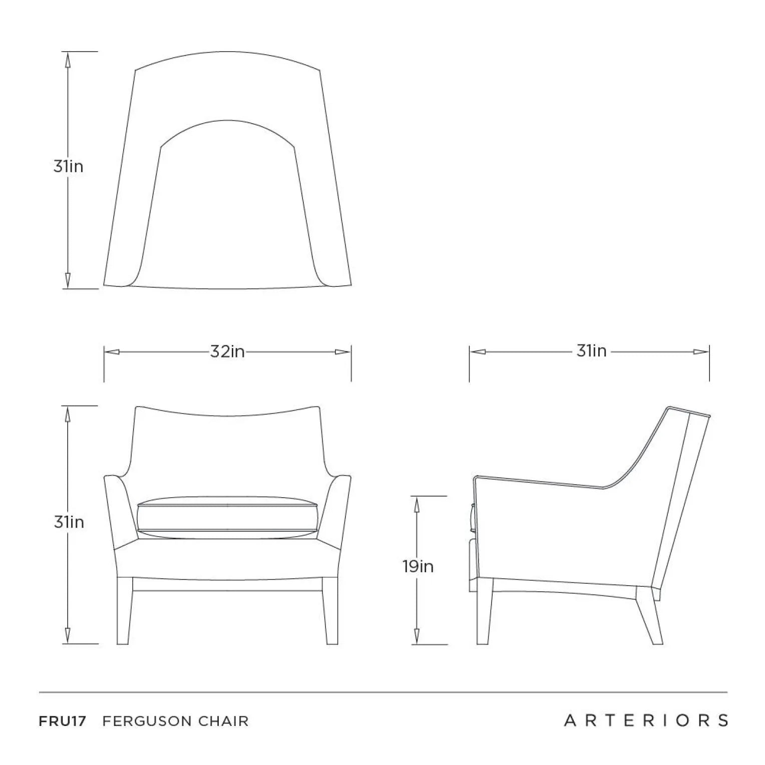Technical drawing of a Ferguson chair with dimensions labeled, featuring the brand 'Arteriors'.
