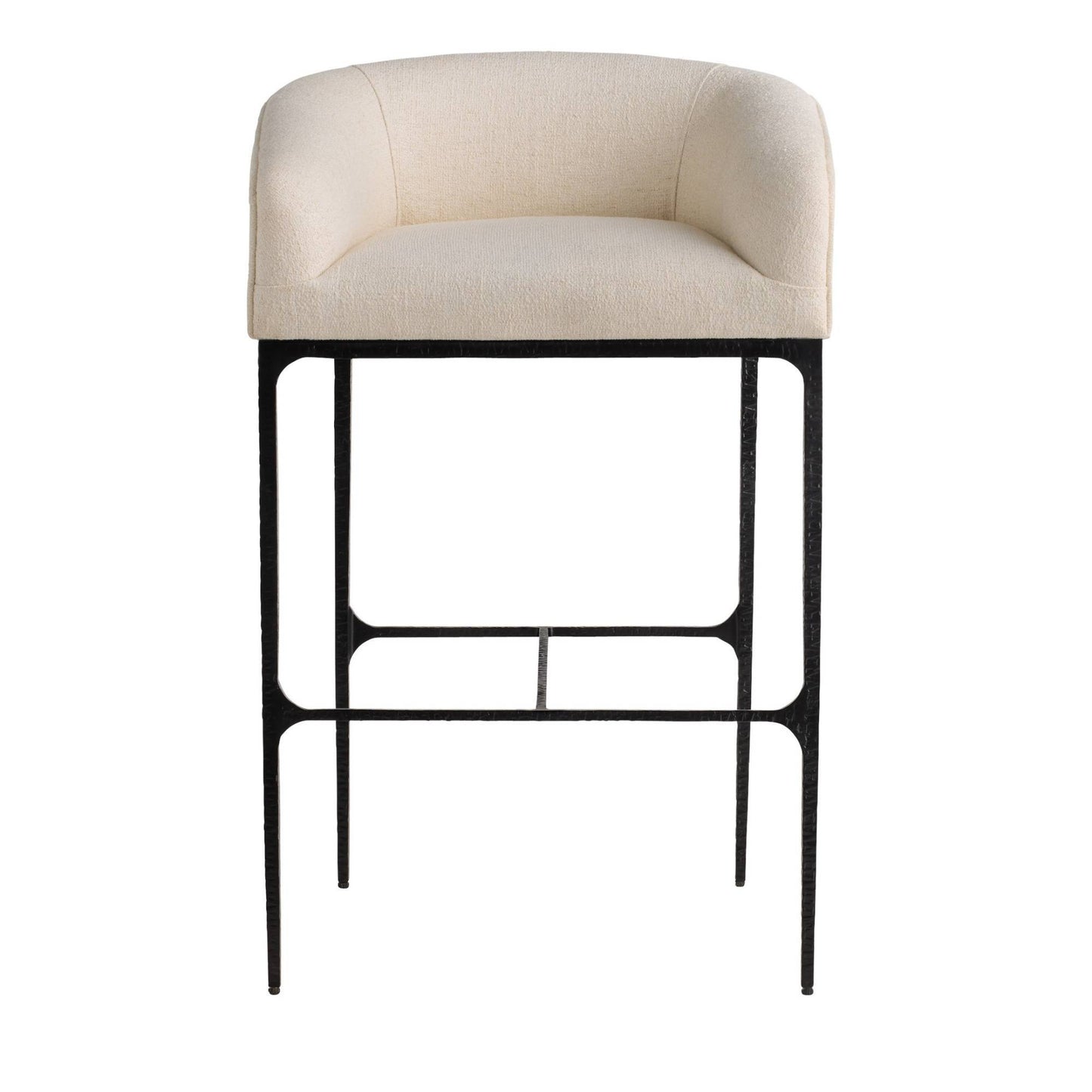 A modern barstool with a curved, upholstered cream seat and backrest on a slim black metal frame, shown against a plain white background.