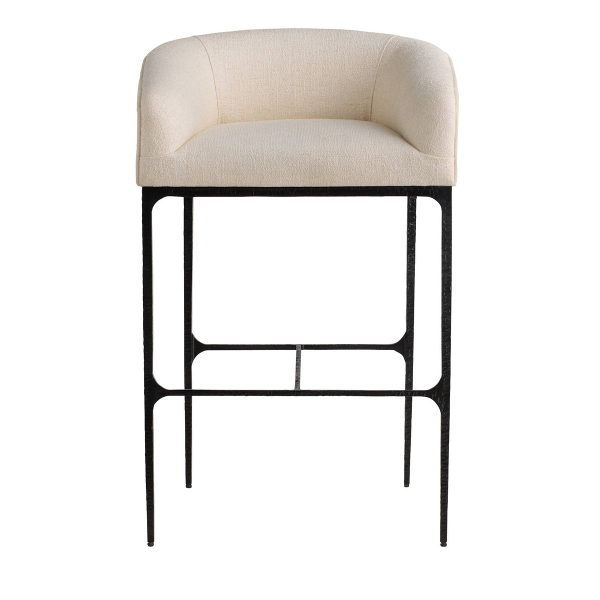 A modern barstool with a curved, upholstered cream seat and backrest on a slim black metal frame, shown against a plain white background.