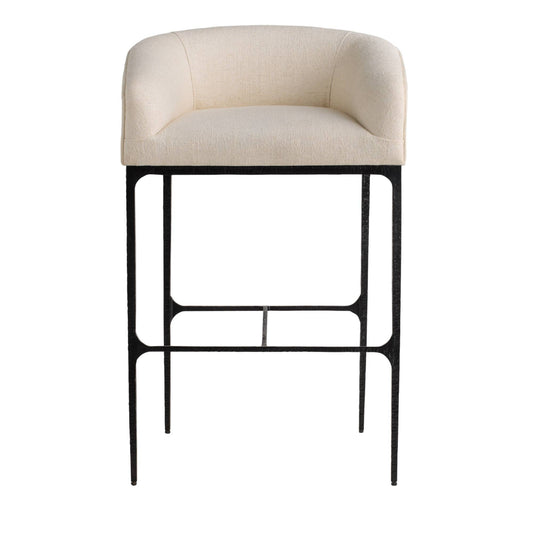 A modern barstool with a curved, upholstered cream seat and backrest on a slim black metal frame, shown against a plain white background.