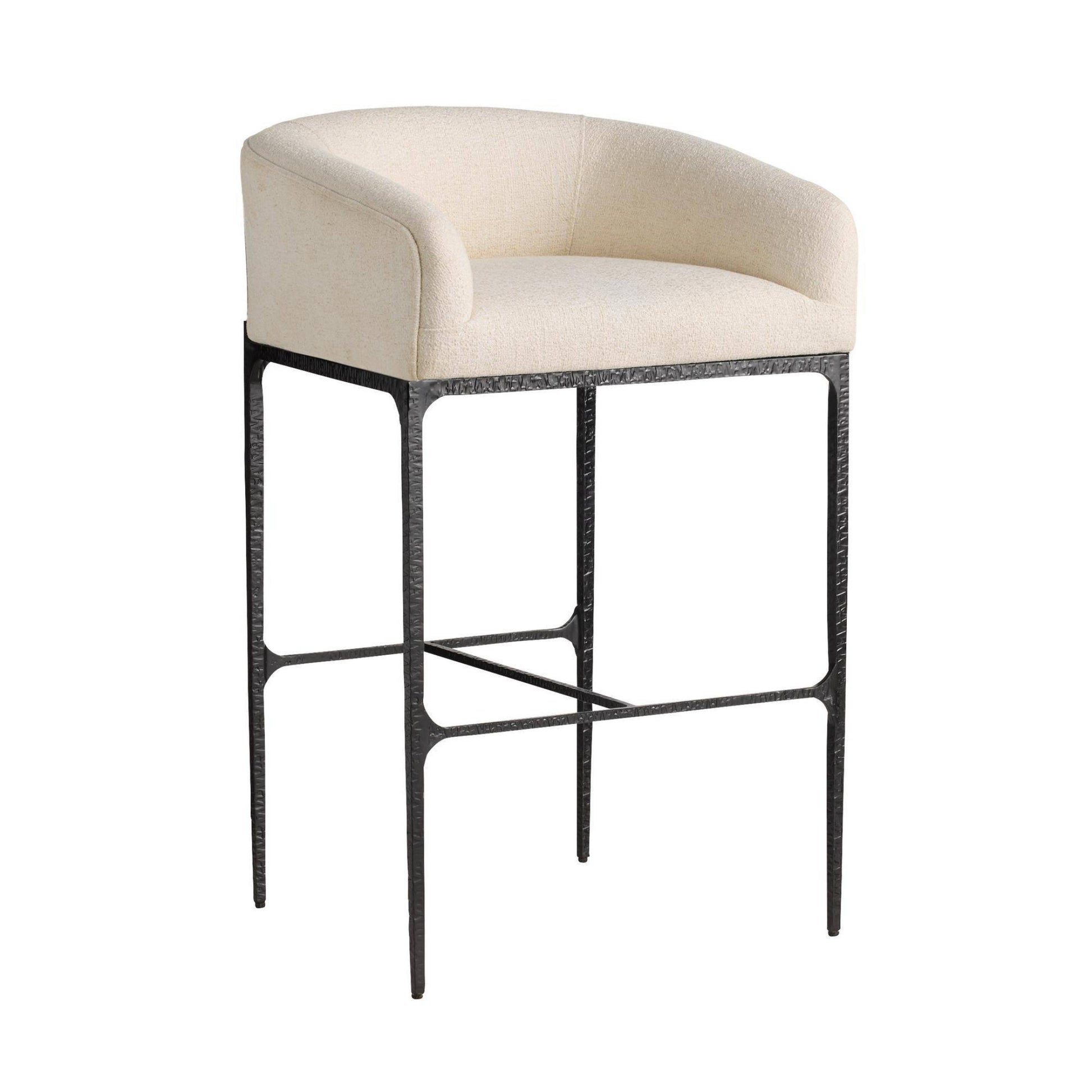 A modern barstool with a curved, upholstered cream seat and backrest, supported by a textured black metal frame with a footrest.