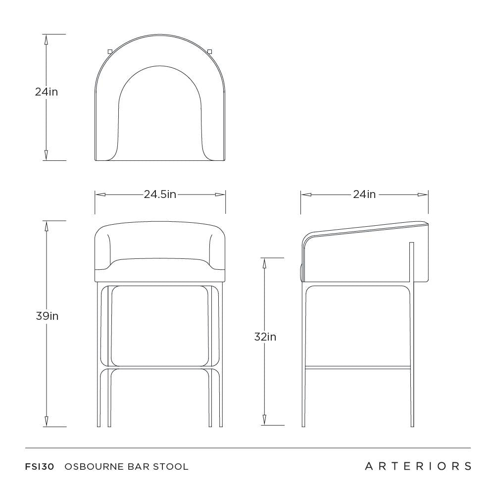 Technical line drawing of a bar stool showing front, back, and side views with dimension labels including 24 in, 24.5 in, 39 in, and 32 in, titled 2096 Osbourne Bar Stool.