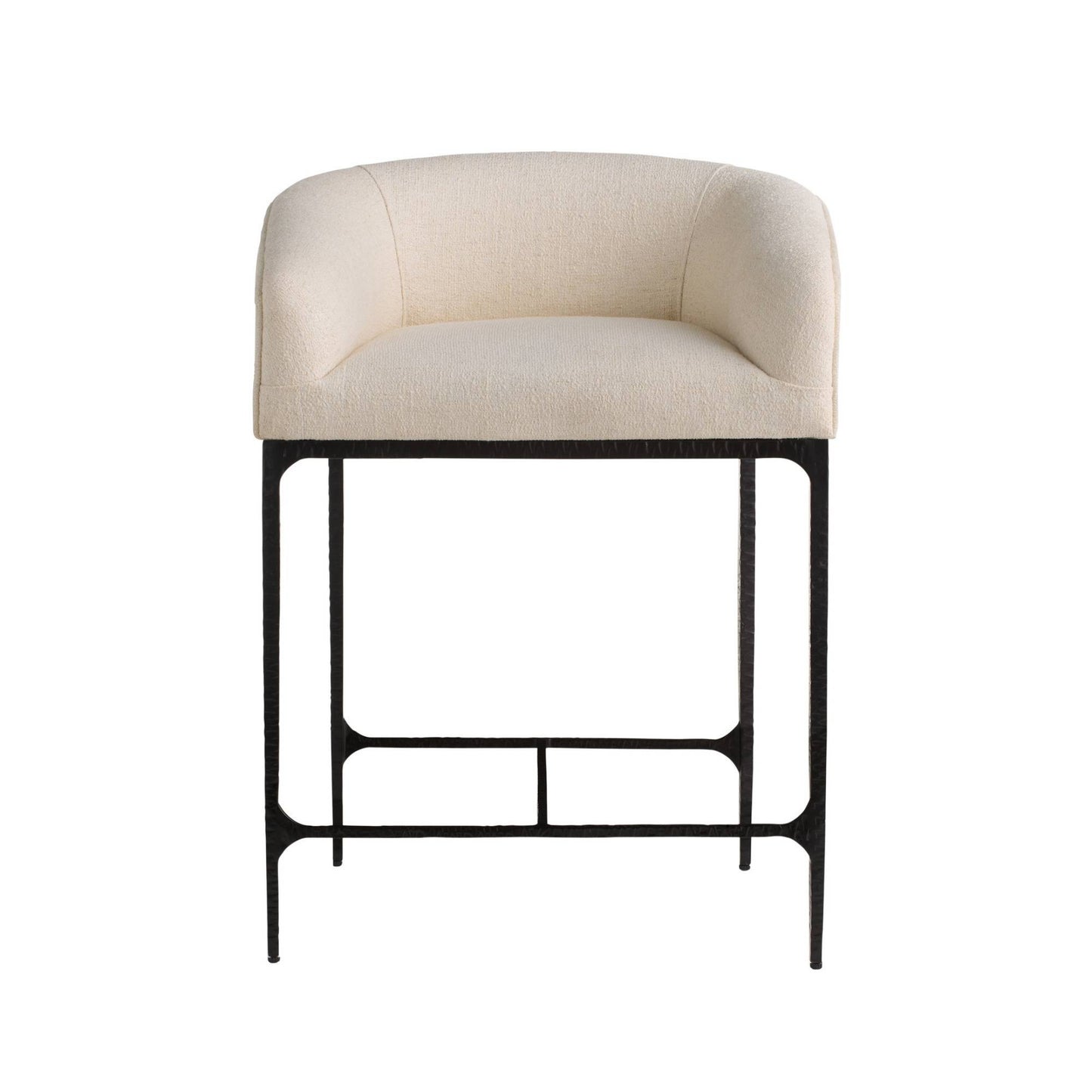 Beige cushioned chair with black metal frame on a white background