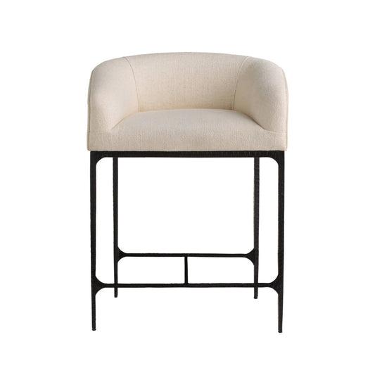 Beige cushioned chair with black metal frame on a white background