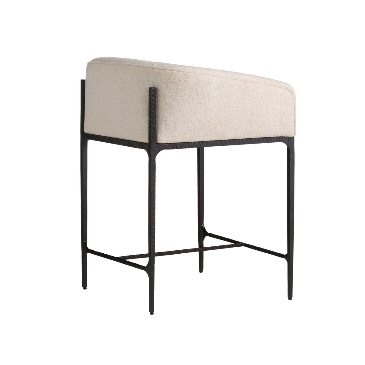 Beige cushioned stool with black metal frame on a white background