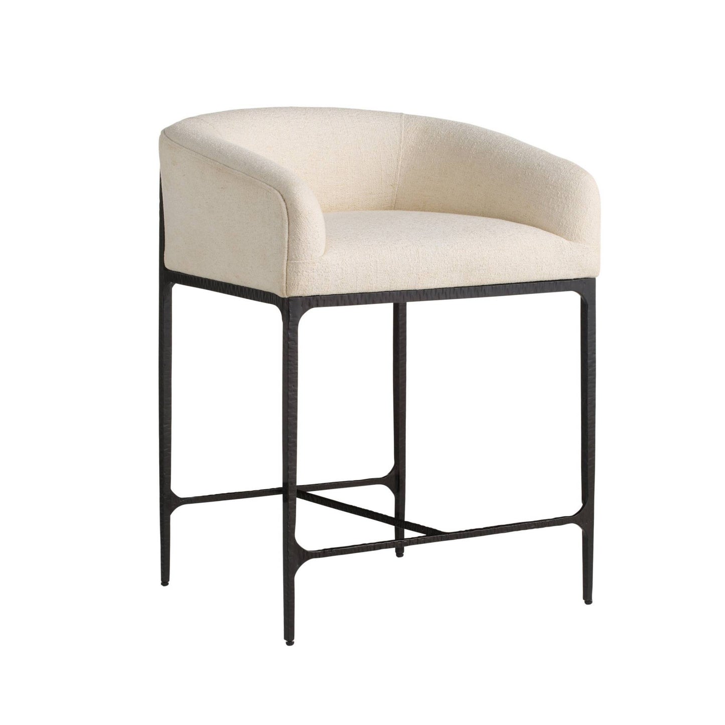 Beige cushioned chair with black metal frame on a white background