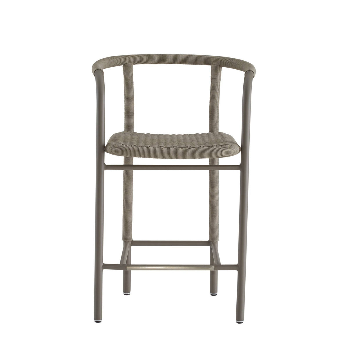 Gray bar stool with woven seat on a white background