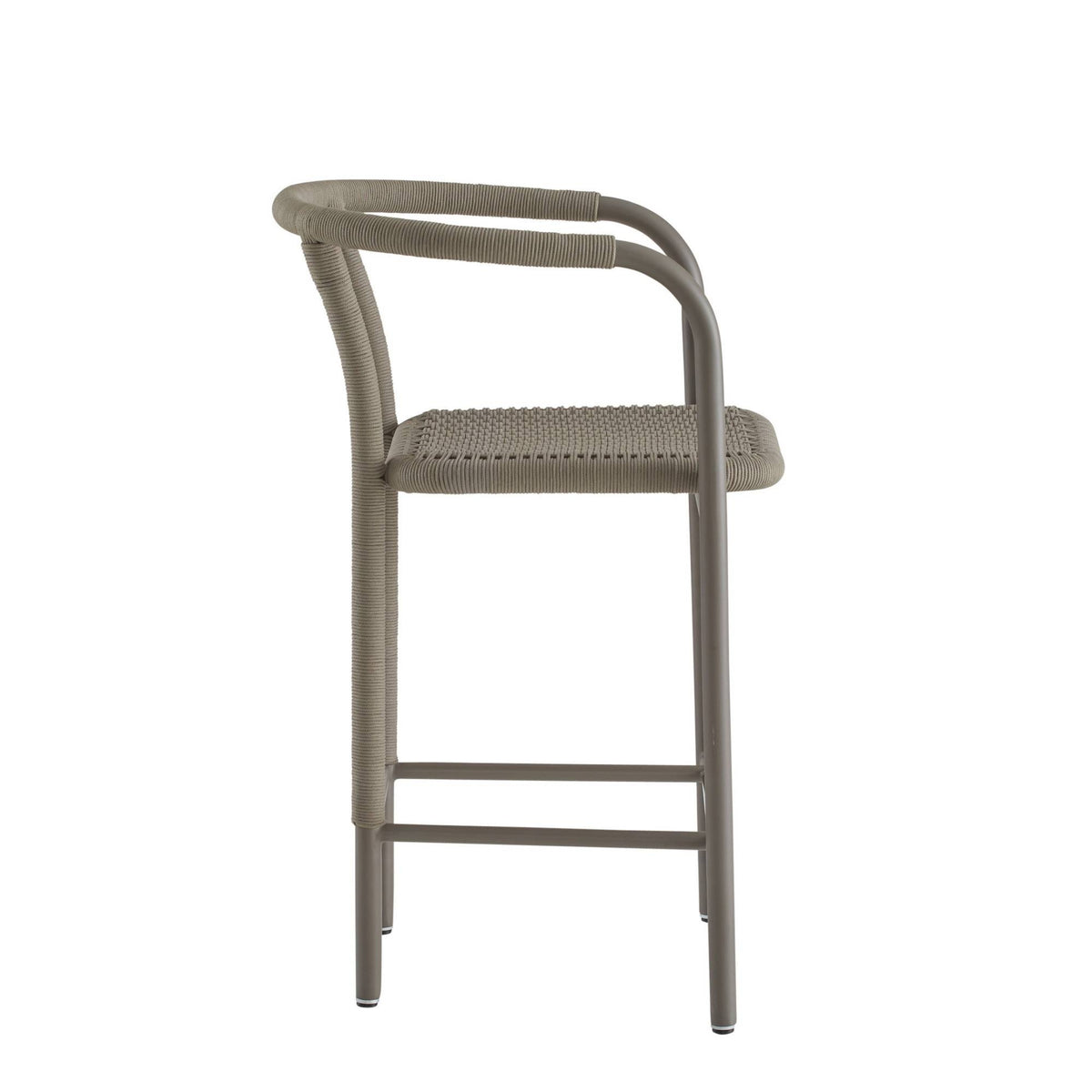 Gray bar stool with woven seat on a white background