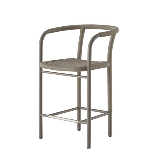 Gray bar stool with woven seat on a white background
