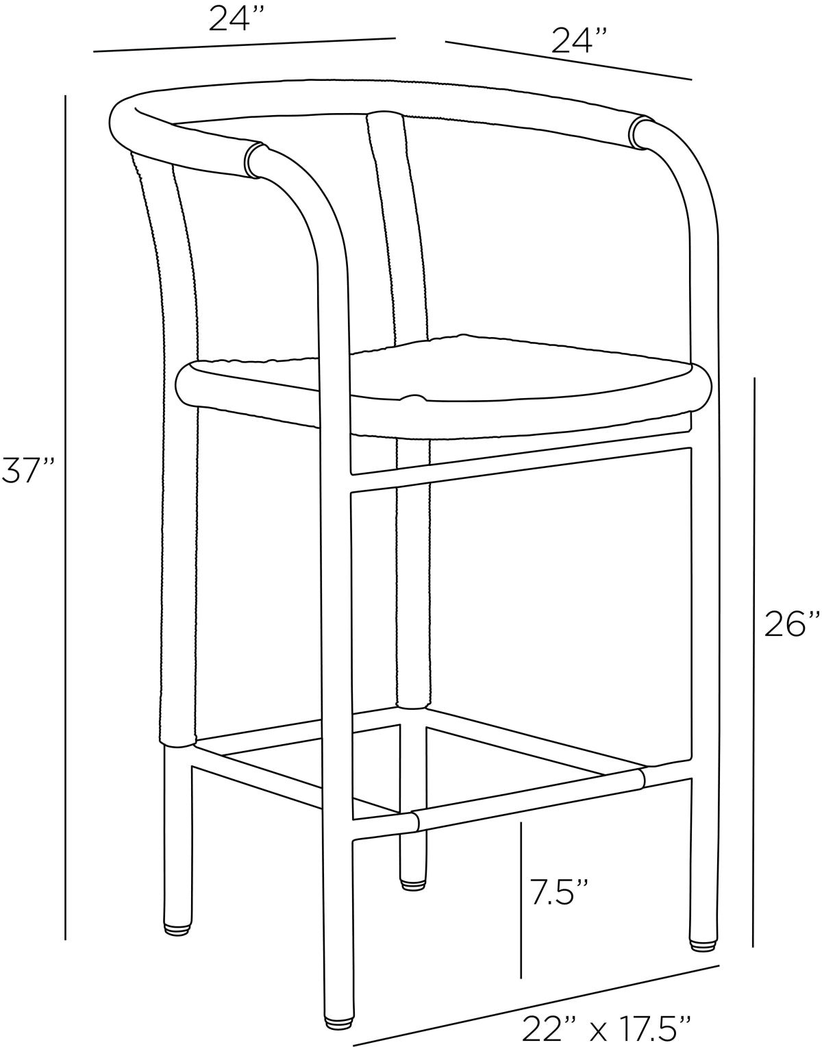 Line drawing of a chair with dimensions labeled