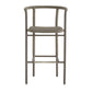 A modern bar stool with a curved metal frame, upholstered in a textured taupe fabric on the seat and backrest, shown against a plain white background.