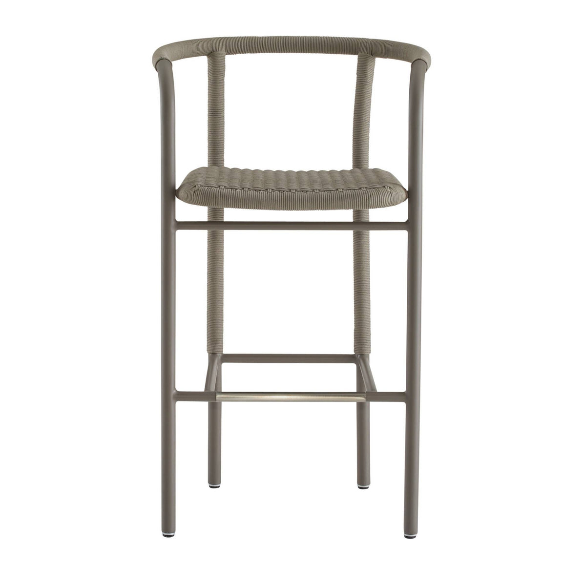 A modern bar stool with a curved metal frame, upholstered in a textured taupe fabric on the seat and backrest, shown against a plain white background.