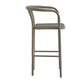 A modern bar stool with a curved metal frame, woven seat, and integrated backrest, shown from the side against a plain white background.