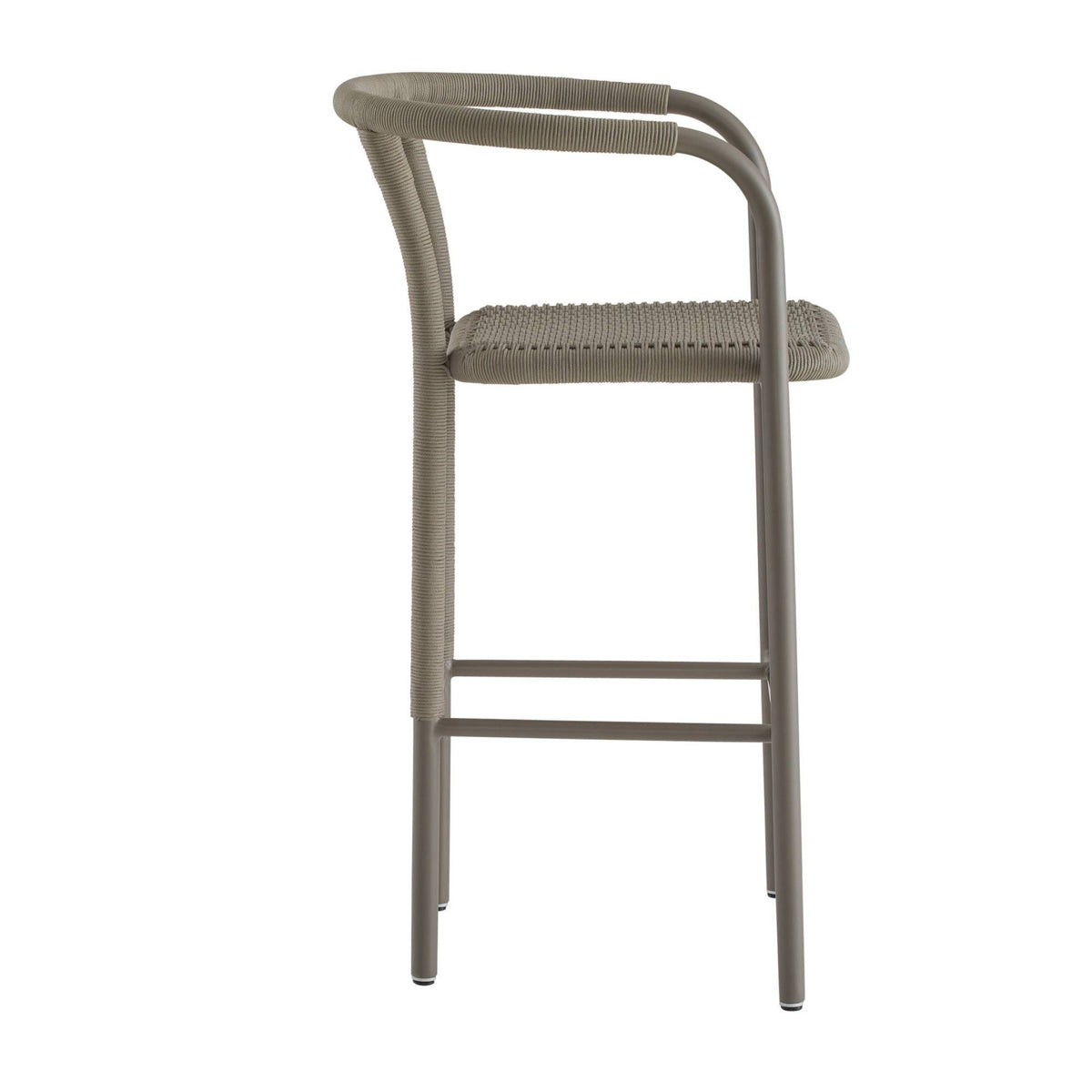 A modern bar stool with a curved metal frame, woven seat, and integrated backrest, shown from the side against a plain white background.