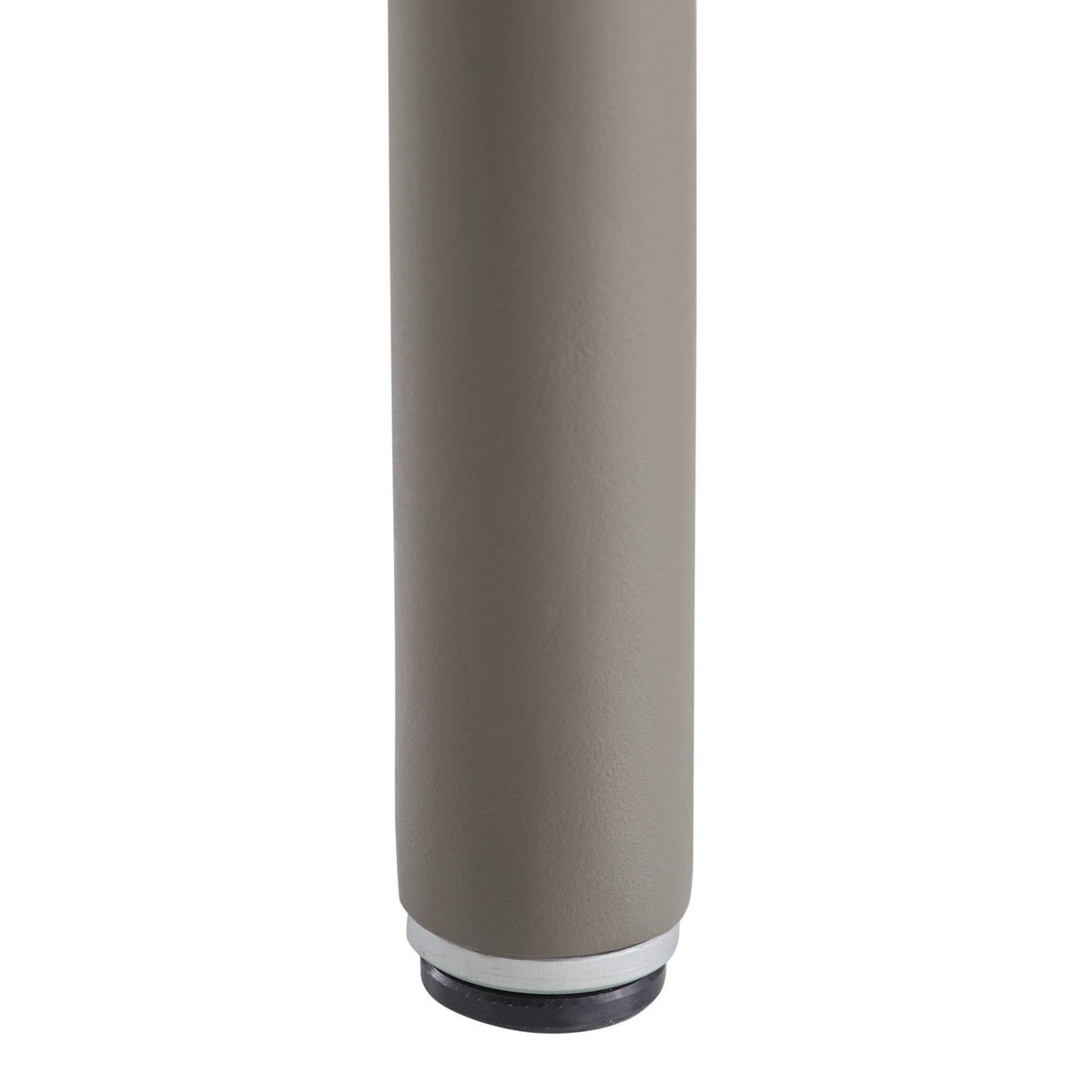 A close-up of a cylindrical product, likely a bottle or container, showing a matte taupe-brown body with a white band and a black circular base, isolated on a white background.