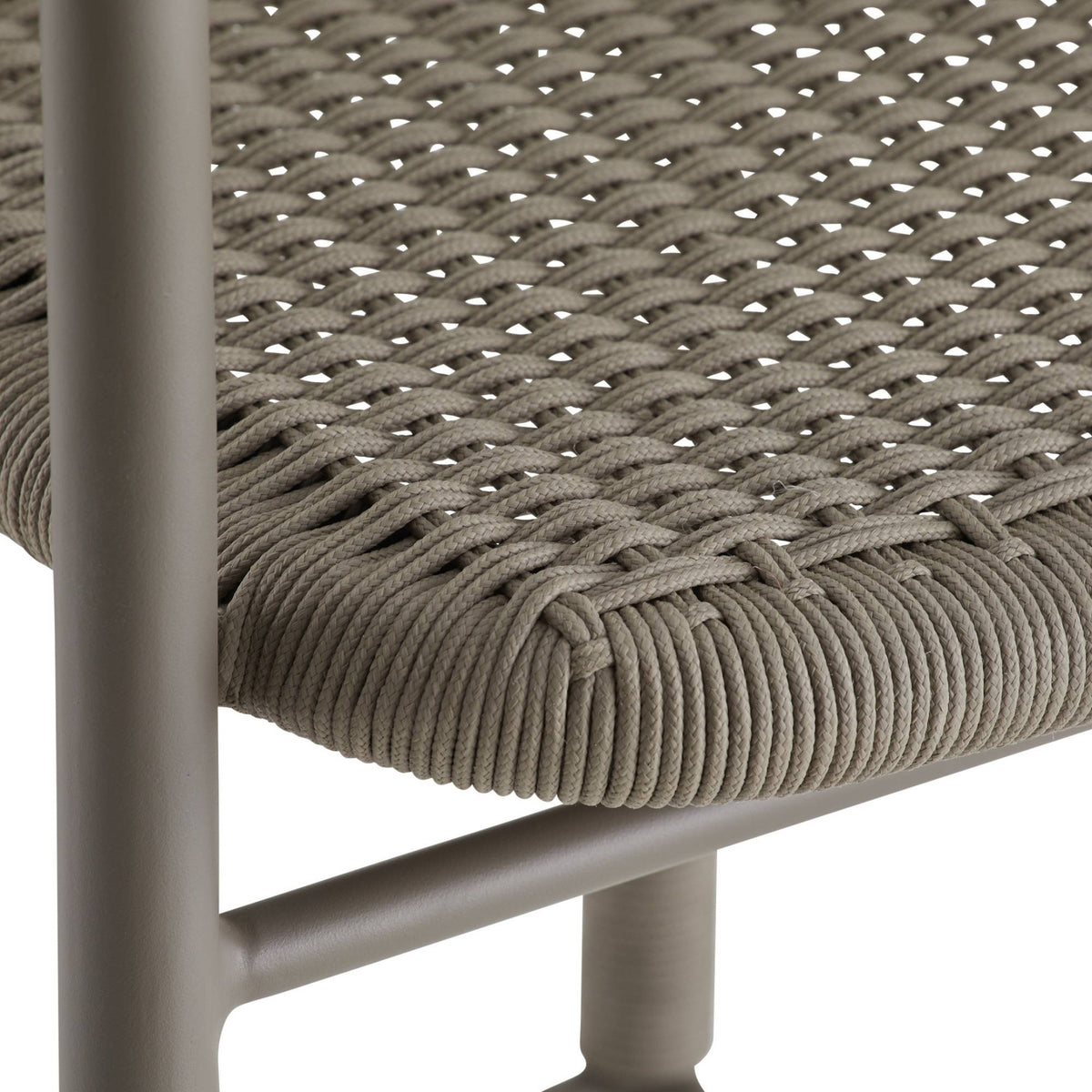 Close-up of a woven rope chair seat in a taupe-gray color with a matching metal frame, showing the texture of the rope and the metal legs against a white background.