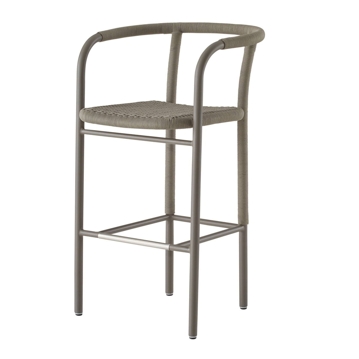Bar stool with metal frame and woven seat on a white background