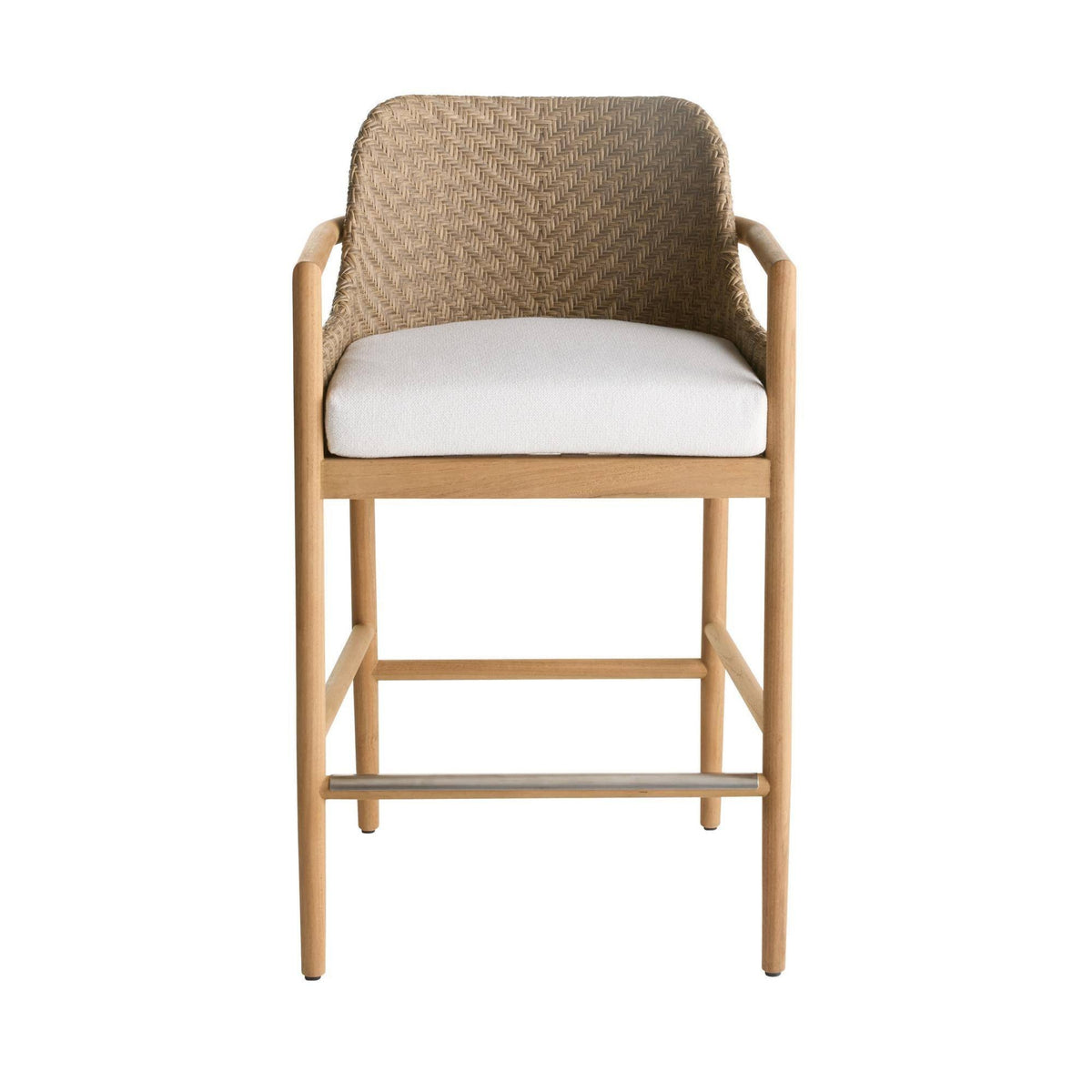 Bar stool with woven backrest and white cushion on a white background