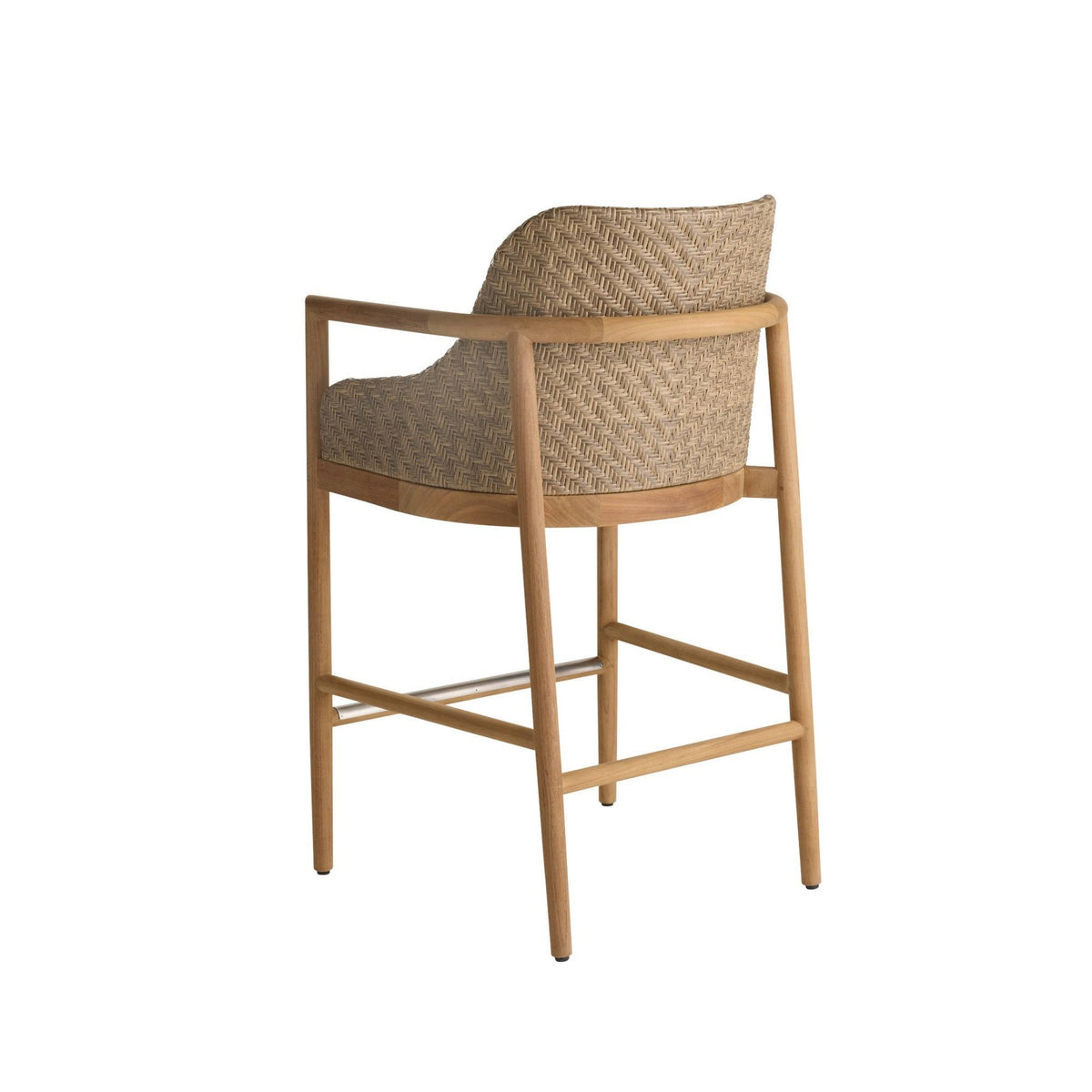 Bar stool with woven seat and wooden frame on a white background