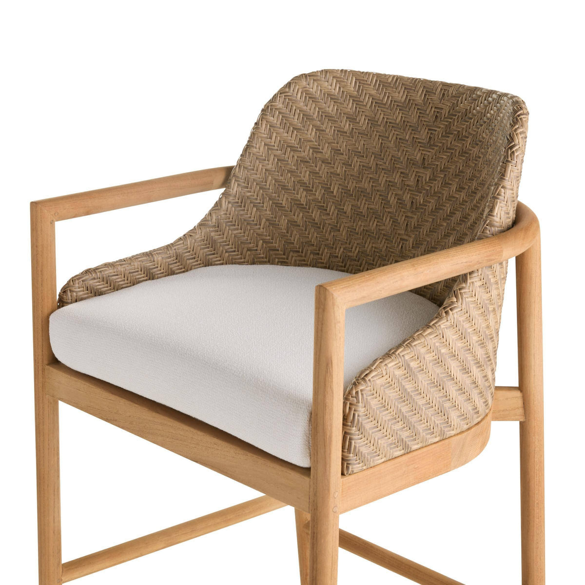 Chair with woven backrest and white cushion on a white background