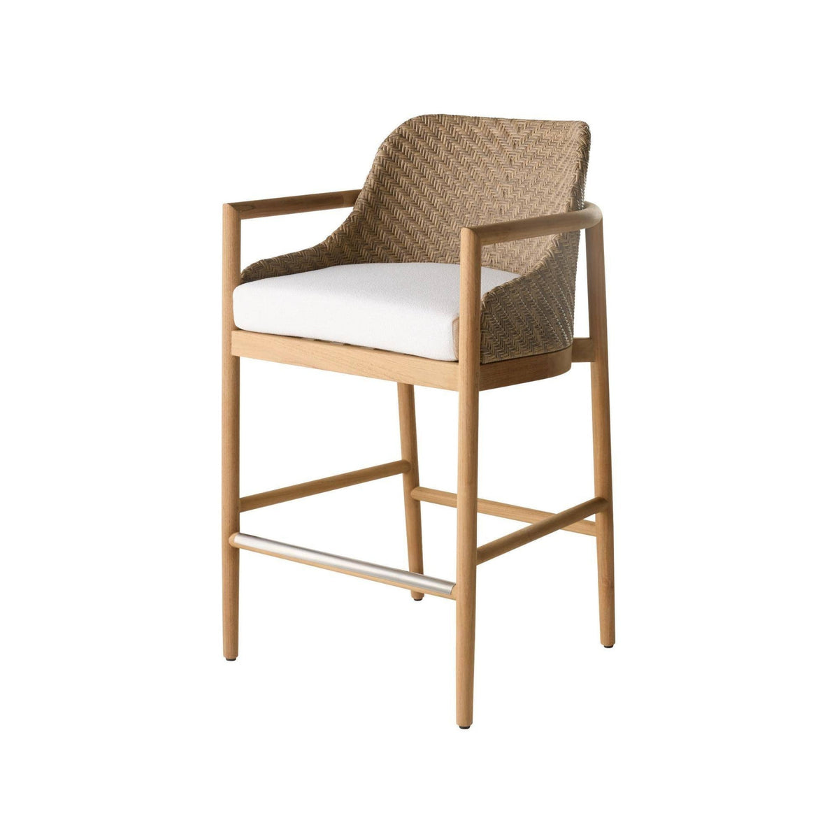 Woven bar stool with white cushion on a white background
