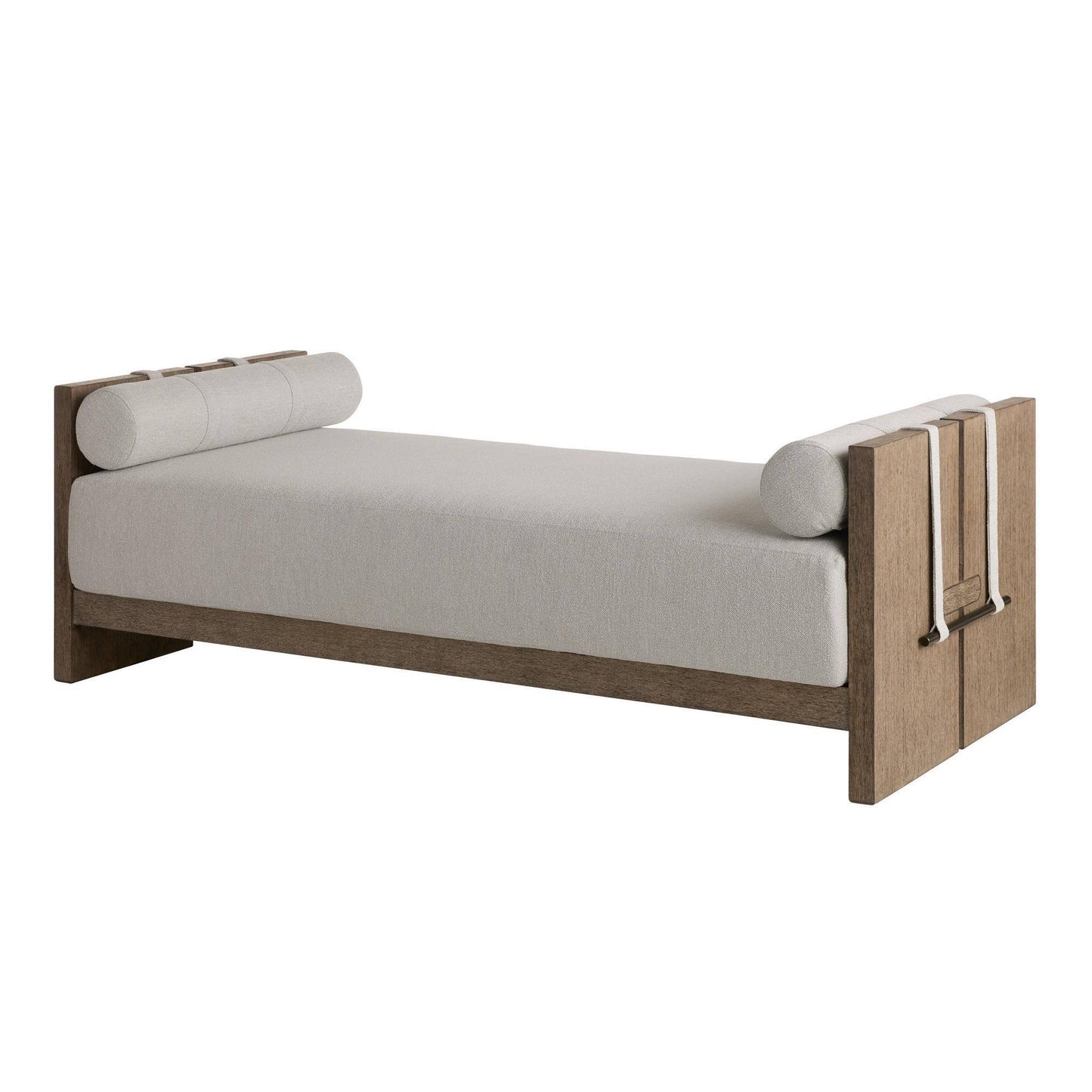 Wooden bed frame with white mattress and pillows on a white background