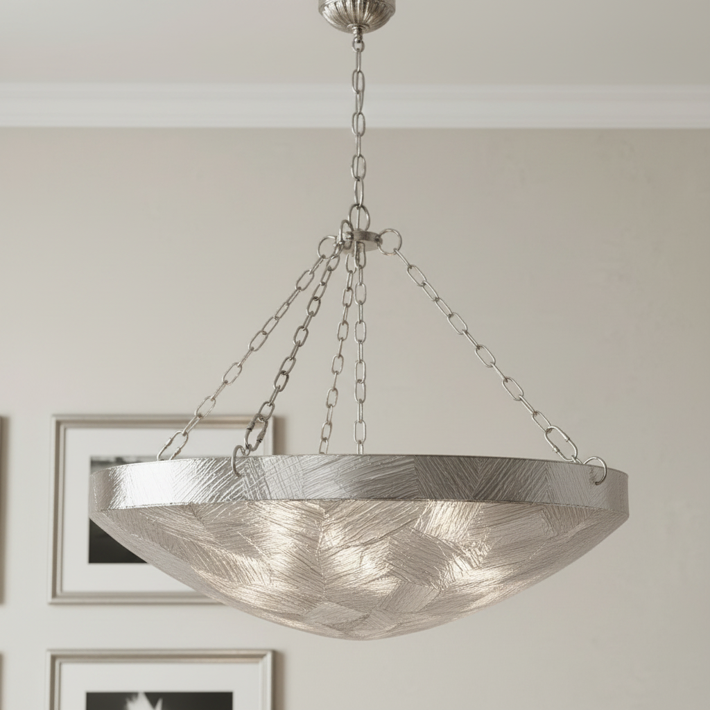 Silver pendant light hanging from a ceiling with framed pictures on the wall.