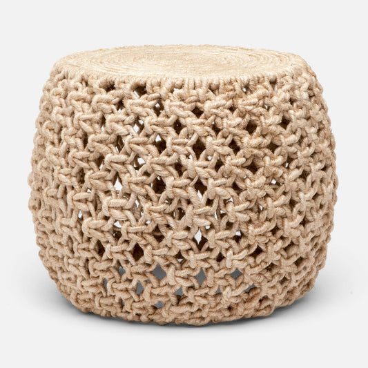 Beige woven stool on a white background