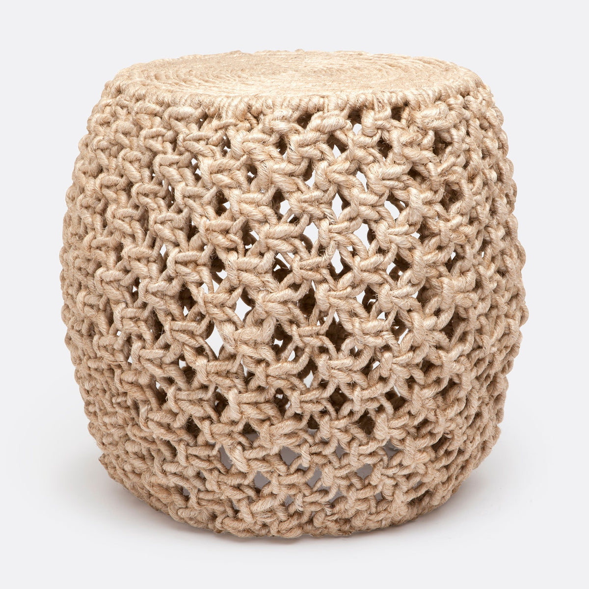 Beige woven side table on a white background