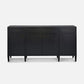 Black sideboard with gold handles on a white background