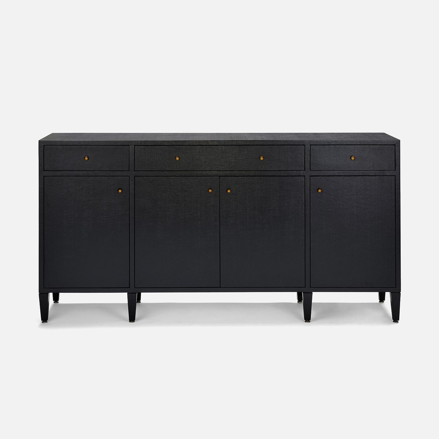 Black sideboard with gold handles on a white background