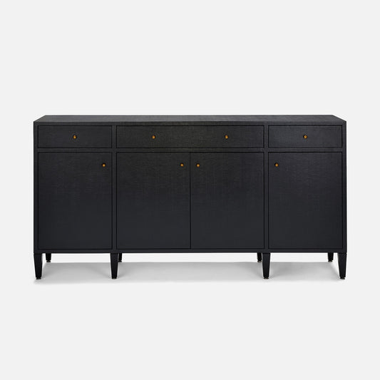 Black sideboard with gold handles on a white background