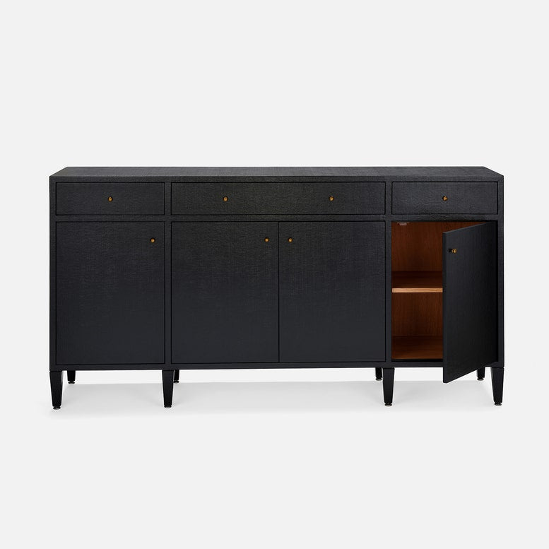 A modern black sideboard cabinet with three drawers, two doors, and one open door showing a wooden interior, photographed against a light gray background.