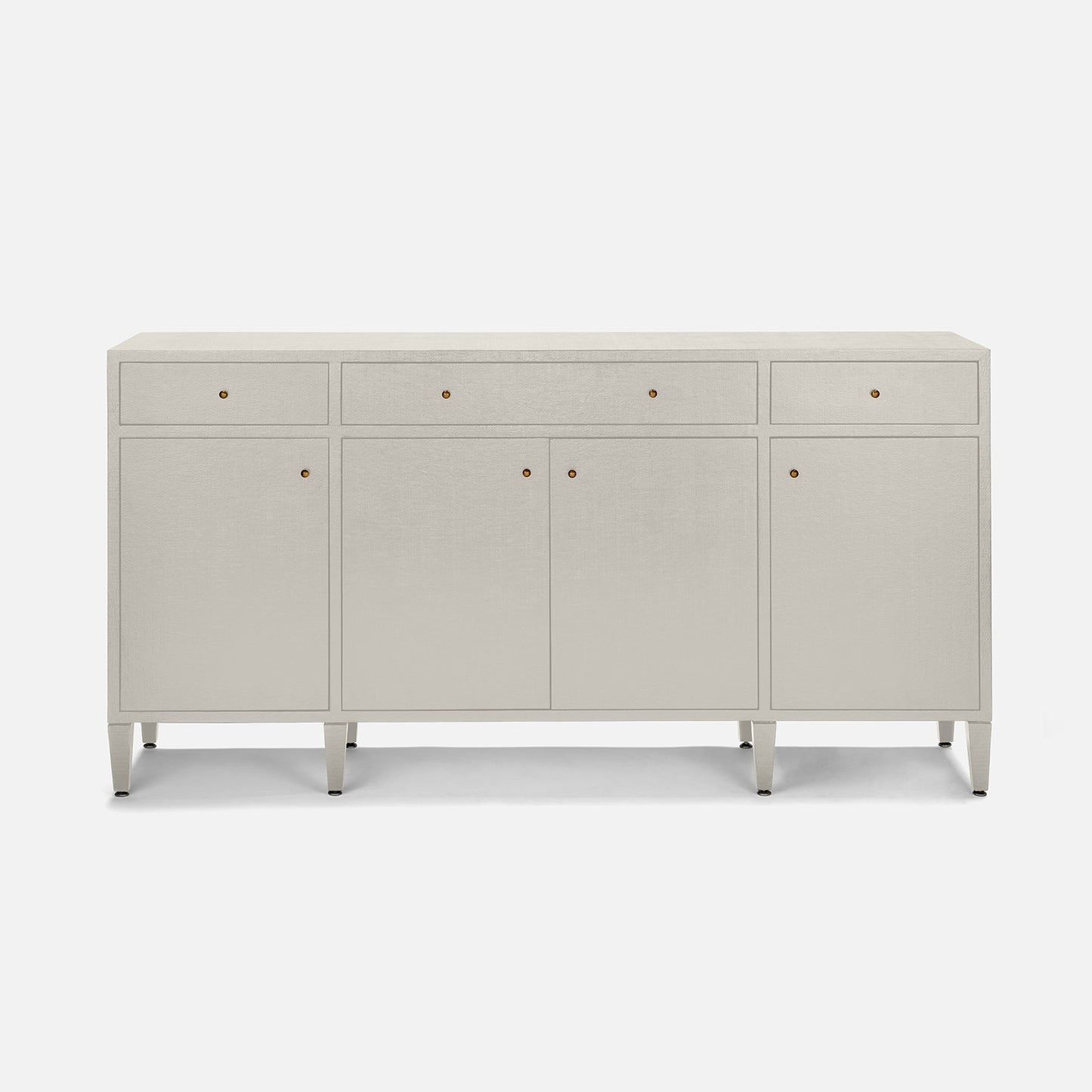 Light gray sideboard with gold handles on a white background