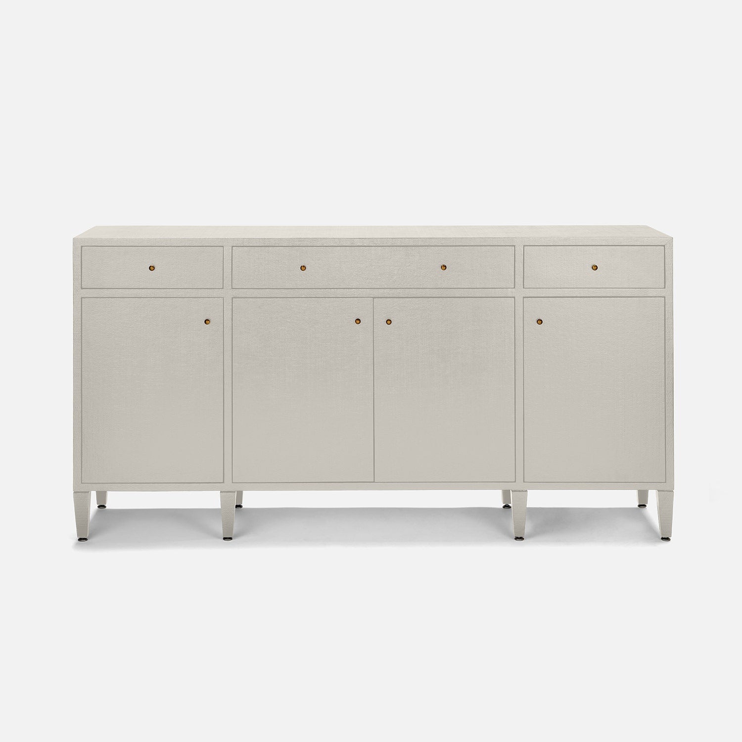 Light gray sideboard with gold handles on a white background