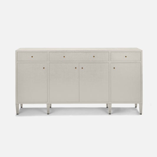 Light gray sideboard with gold handles on a white background