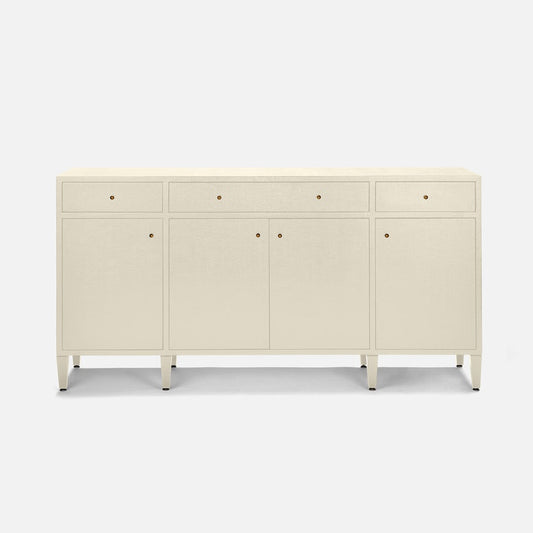 An off-white linen-textured sideboard with five drawers and doors, accented by small round brass knobs and supported by tapered legs, shown against a light gray background.