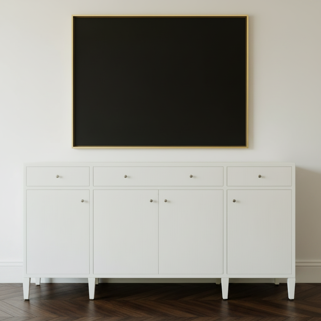 An off-white wooden sideboard or credenza with three doors and drawers, styled in a warm interior setting with two matching table lamps and a framed landscape painting on a beige wall.