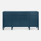 Blue sideboard with four doors and three drawers on a white background