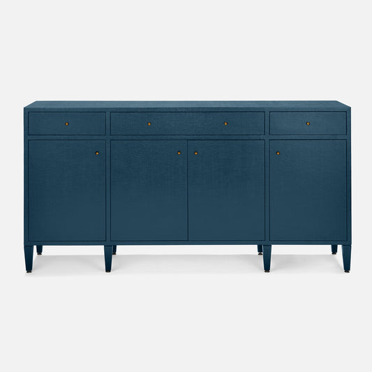 Blue sideboard with four doors and three drawers on a white background