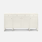 White sideboard with multiple drawers and doors on a white background