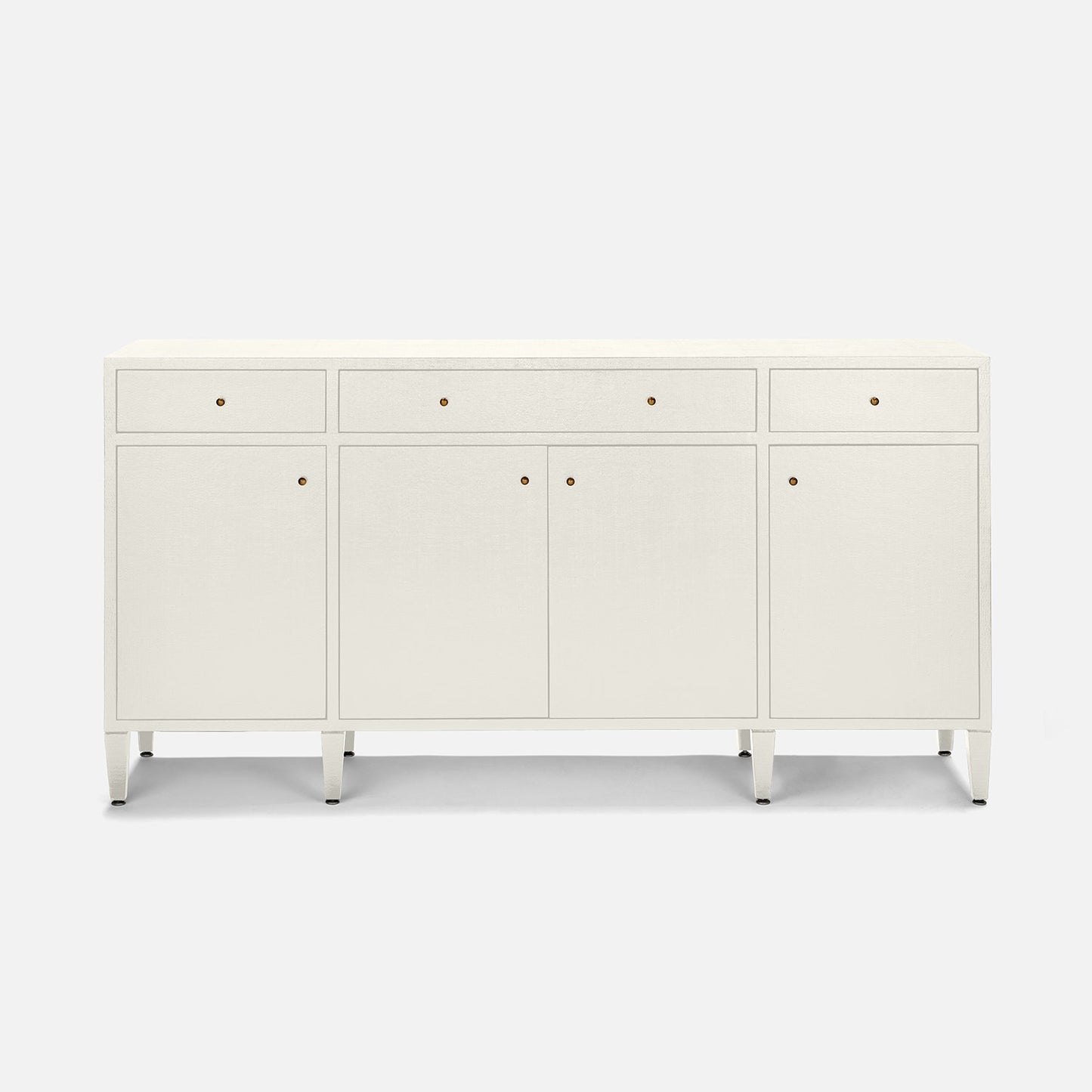 White sideboard with multiple drawers and doors on a white background