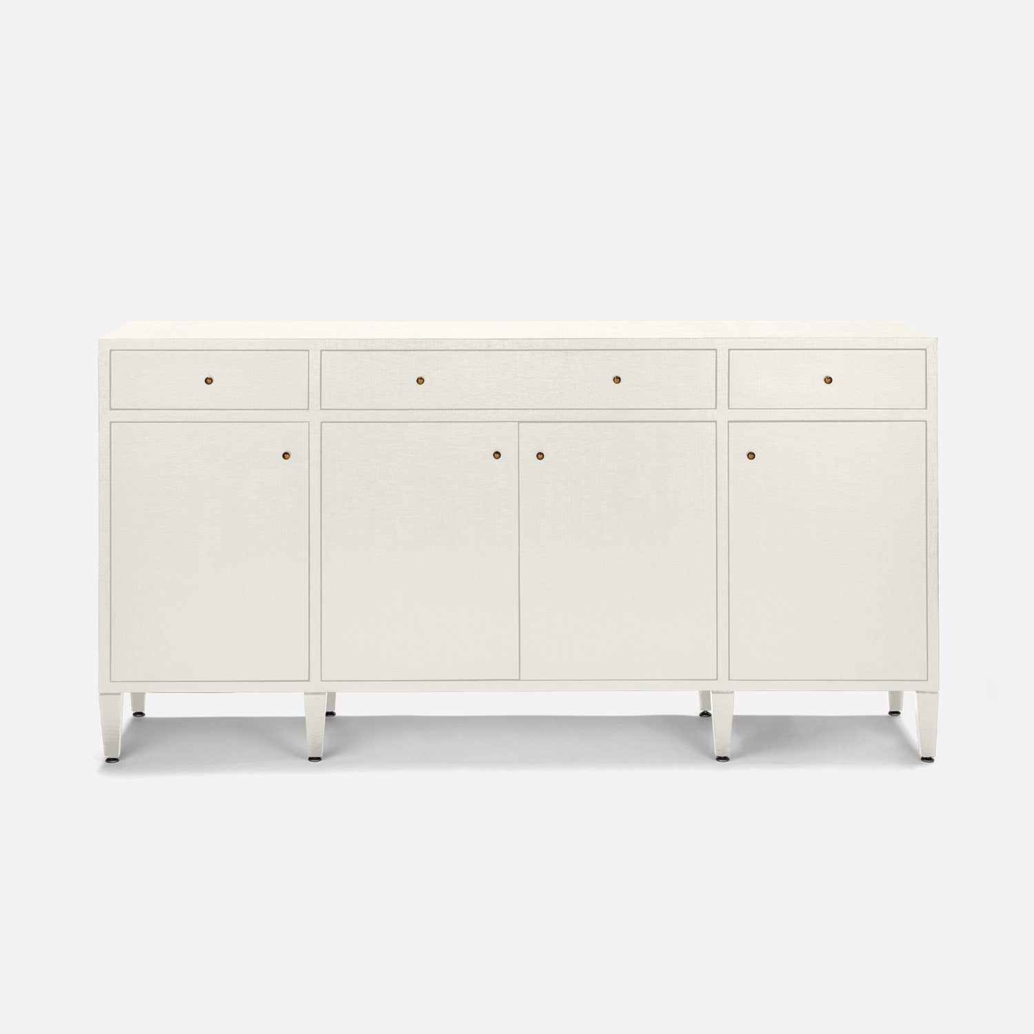 White sideboard with multiple drawers and doors on a white background