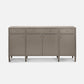Gray sideboard with four drawers and two doors on a white background