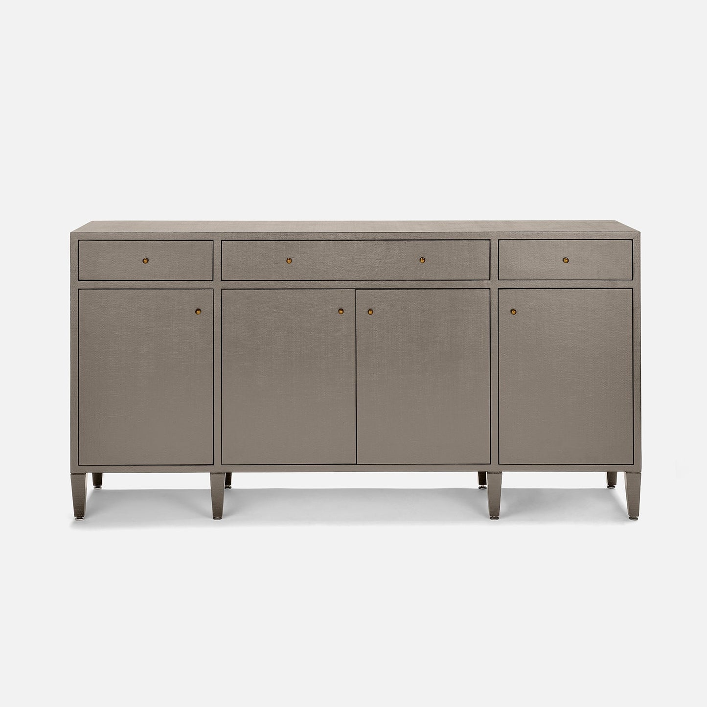 Gray sideboard with four drawers and two doors on a white background