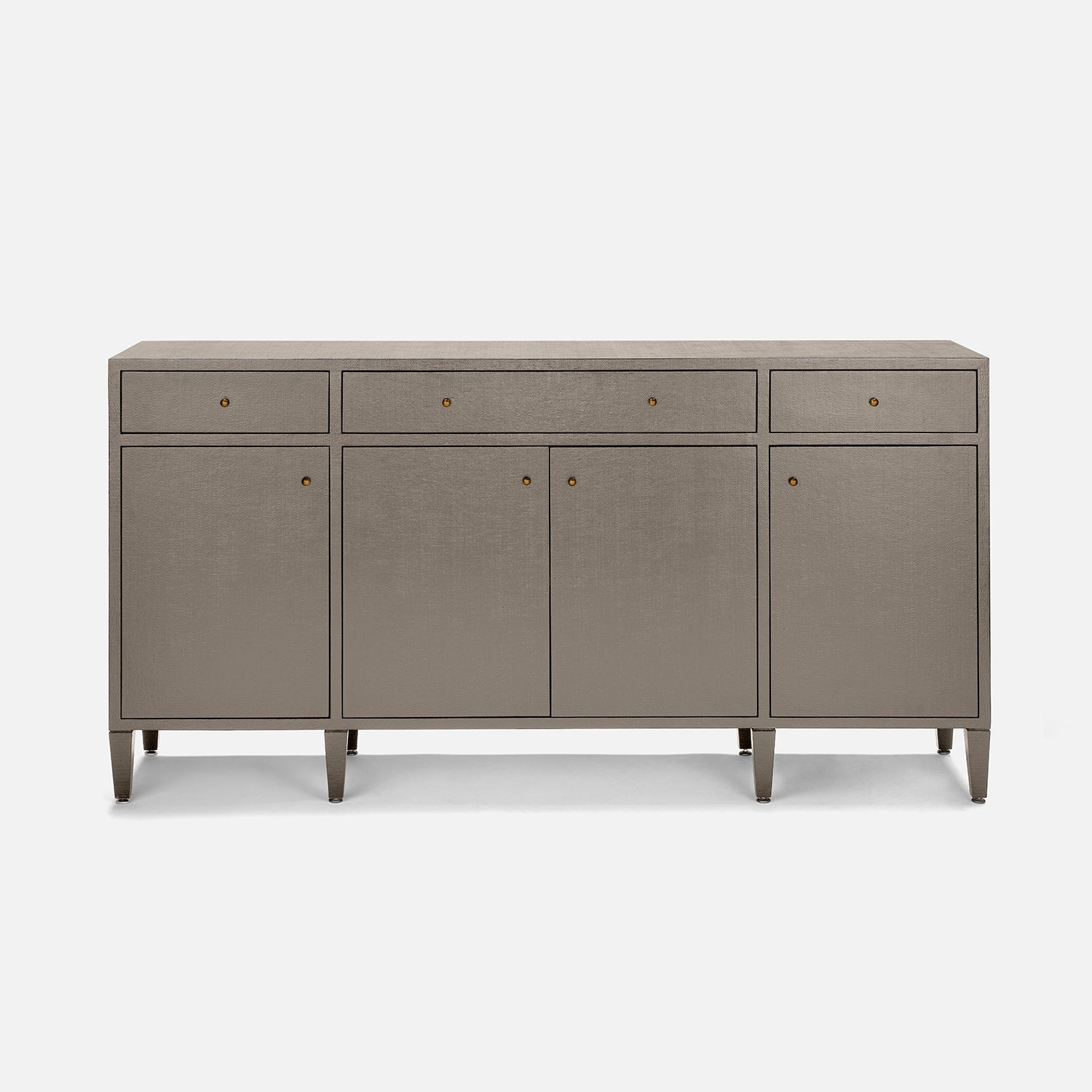 Gray sideboard with four drawers and two doors on a white background