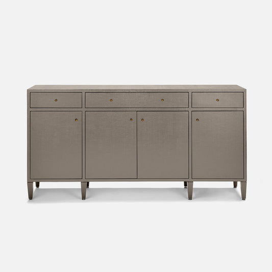 Gray sideboard with four drawers and two doors on a white background
